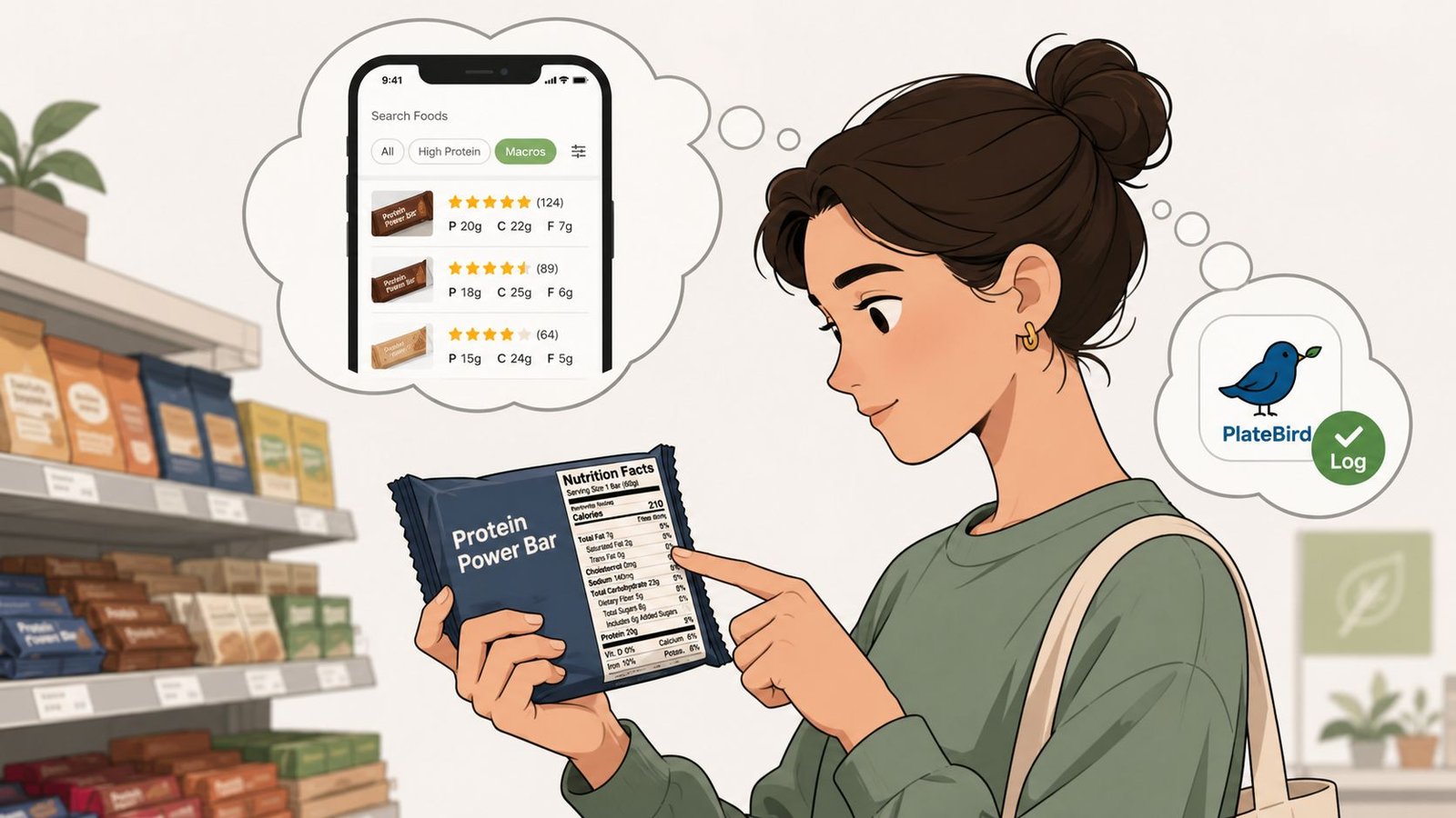 A woman in a grocery store reviews a protein bar label while using a mobile nutrition app.