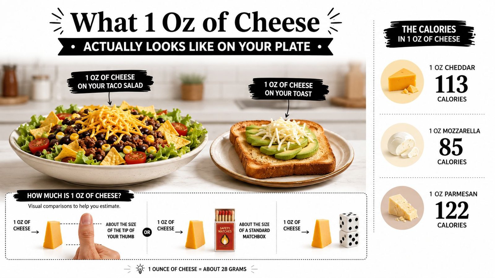 An infographic showing the visual size and calorie count of one ounce of various types of cheese.