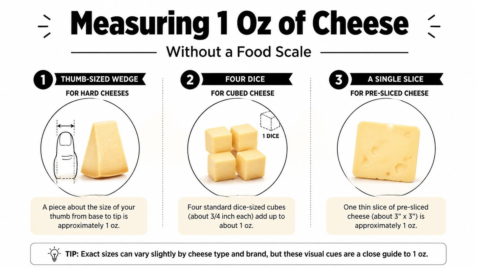 A visual guide showing three easy ways to measure one ounce of cheese without a scale.