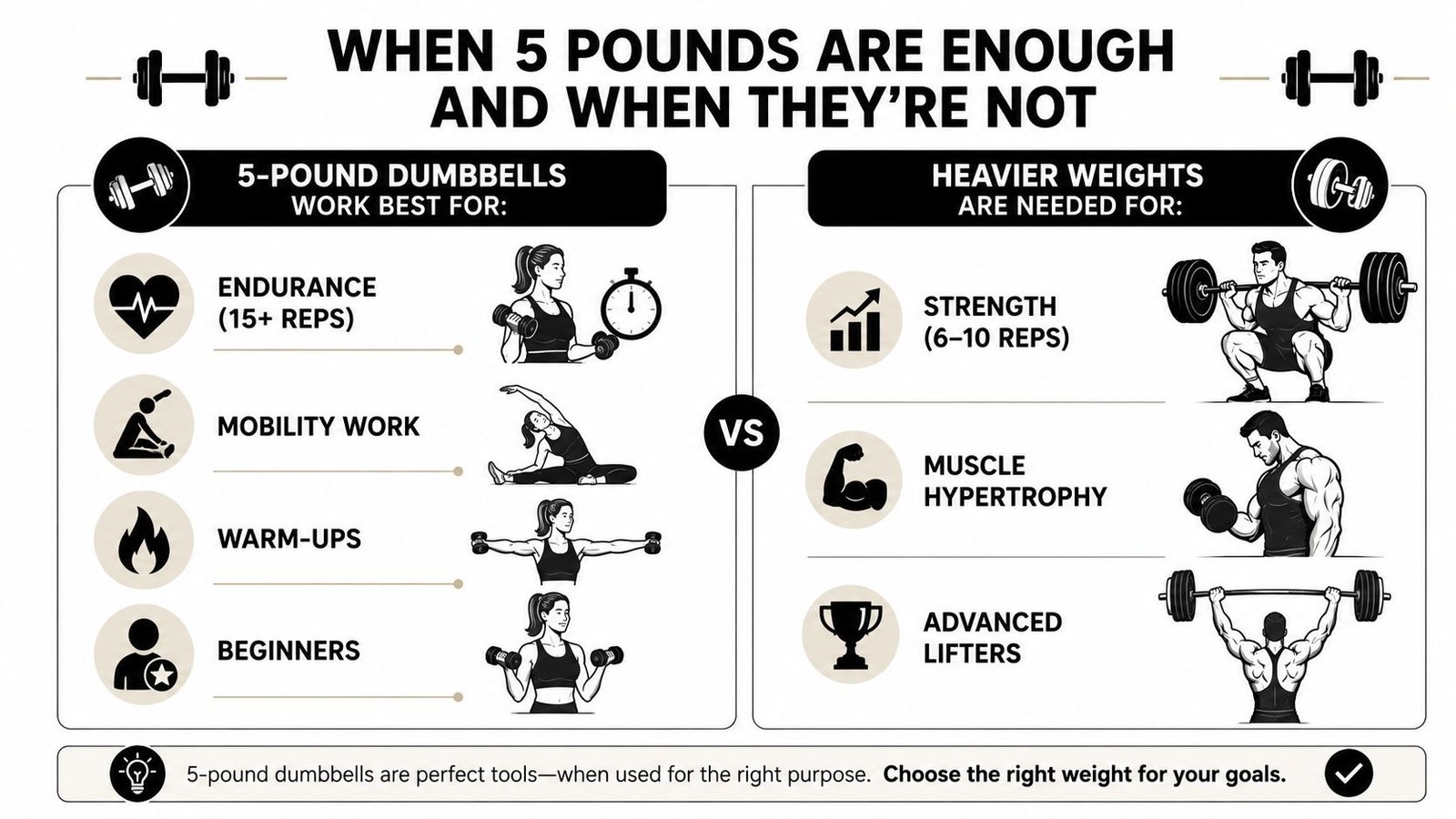 An infographic comparing when to use five-pound dumbbells versus heavier weights for various fitness goals.