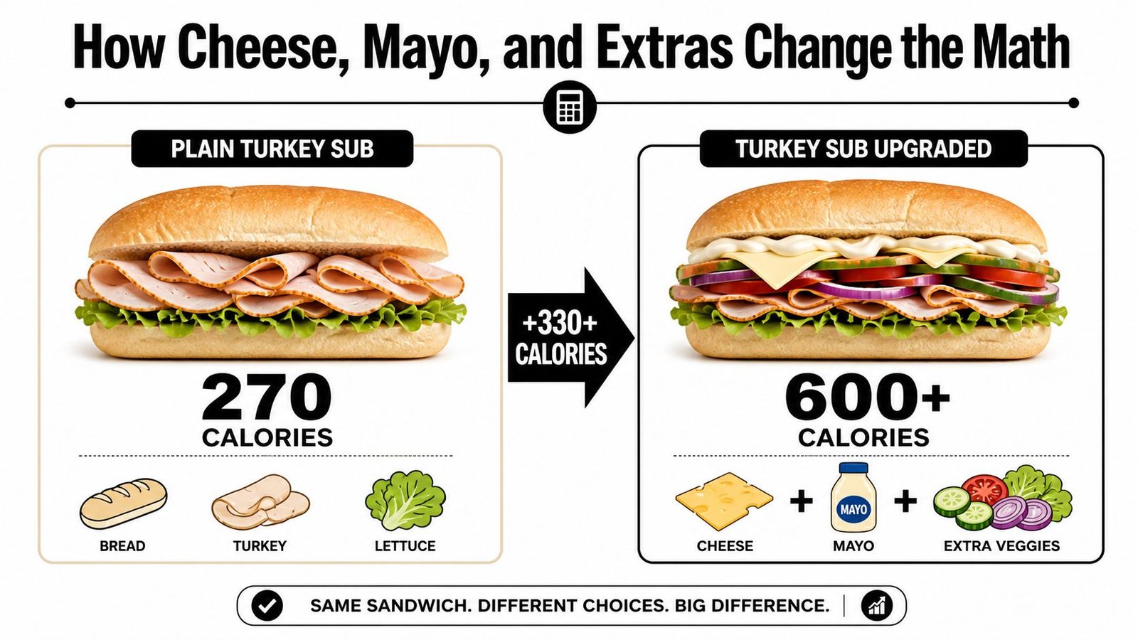 A comparison showing a plain turkey sub with 270 calories versus an upgraded sub with 600 plus calories.