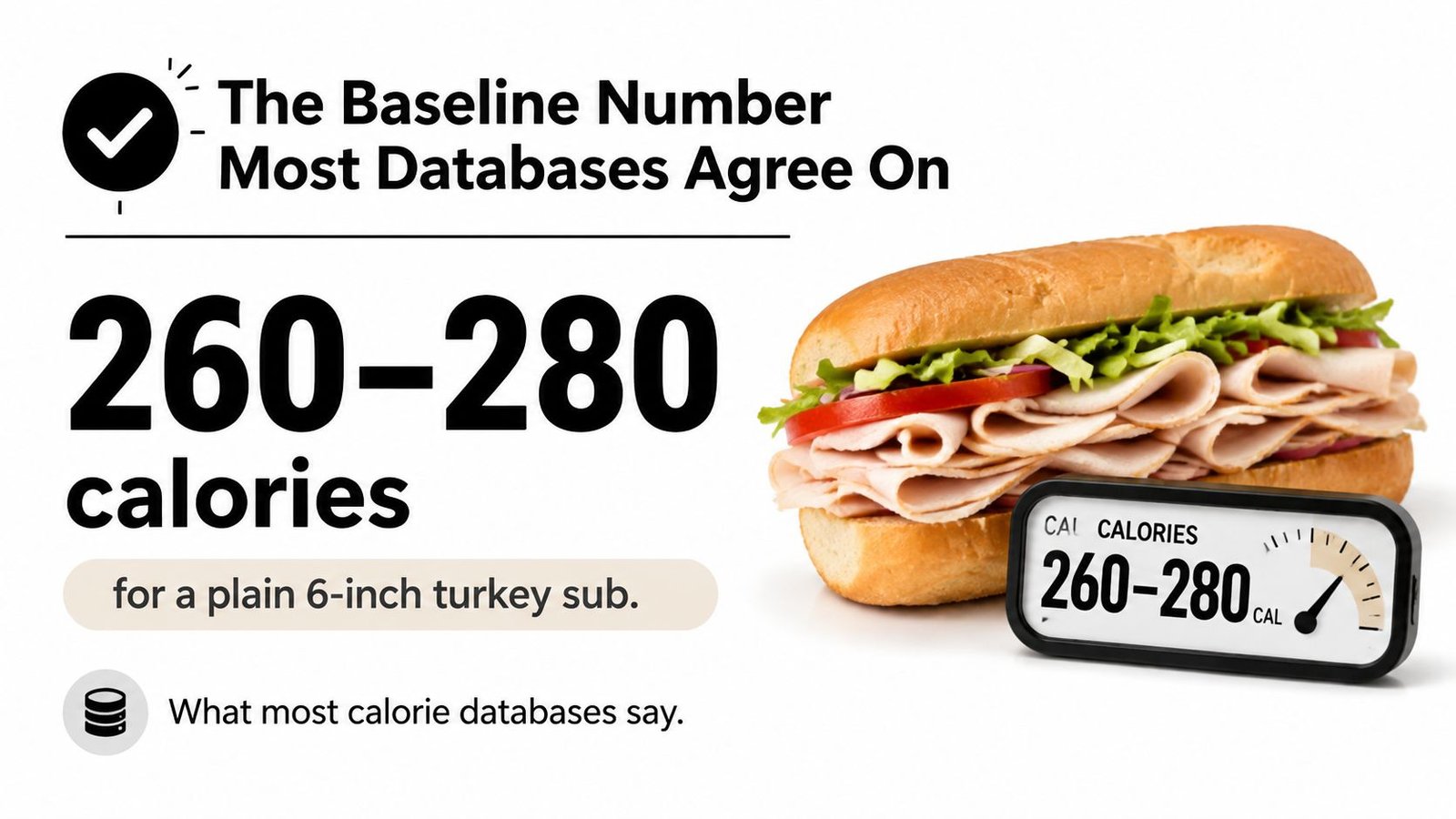 An infographic showing that a plain 6-inch turkey sub contains between 260 and 280 calories.