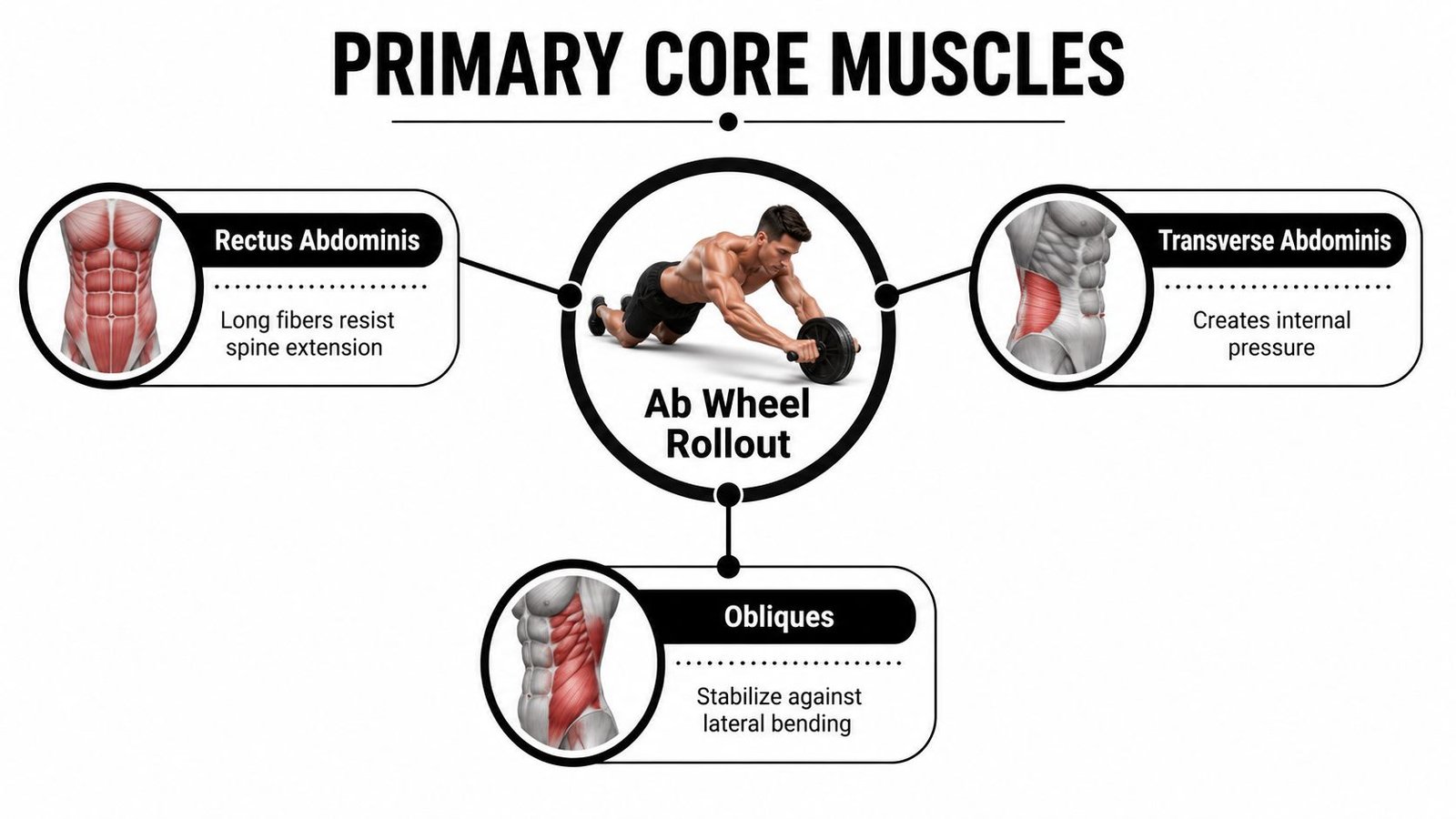 A diagram illustrating the primary core muscles involved in performing an ab wheel rollout exercise.