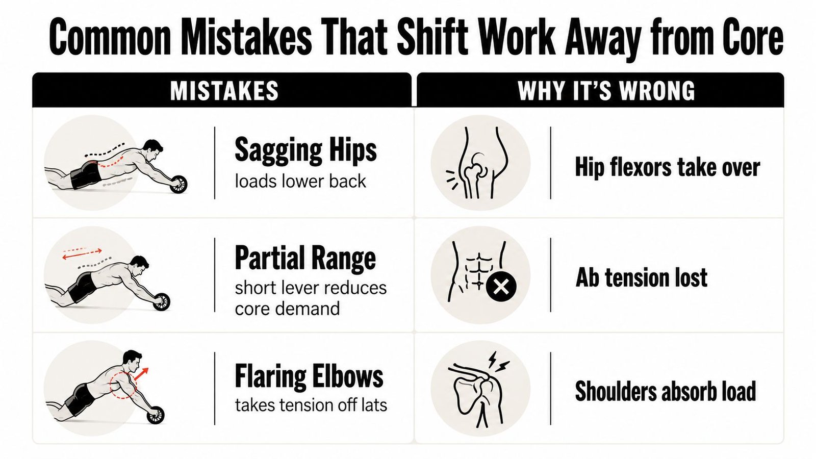 An educational chart displaying three common mistakes when using an ab wheel and why they are wrong.