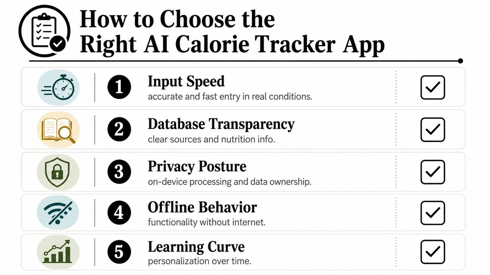 A checklist infographic titled How to Choose the Right AI Calorie Tracker App with five key criteria.