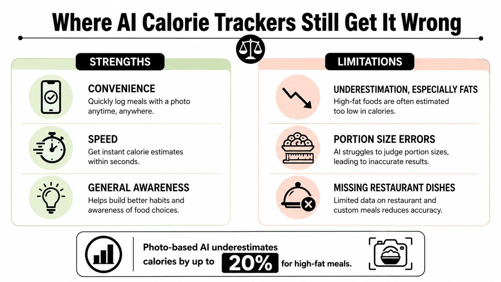 An infographic showing the strengths and limitations of using AI technology for tracking daily calorie consumption.
