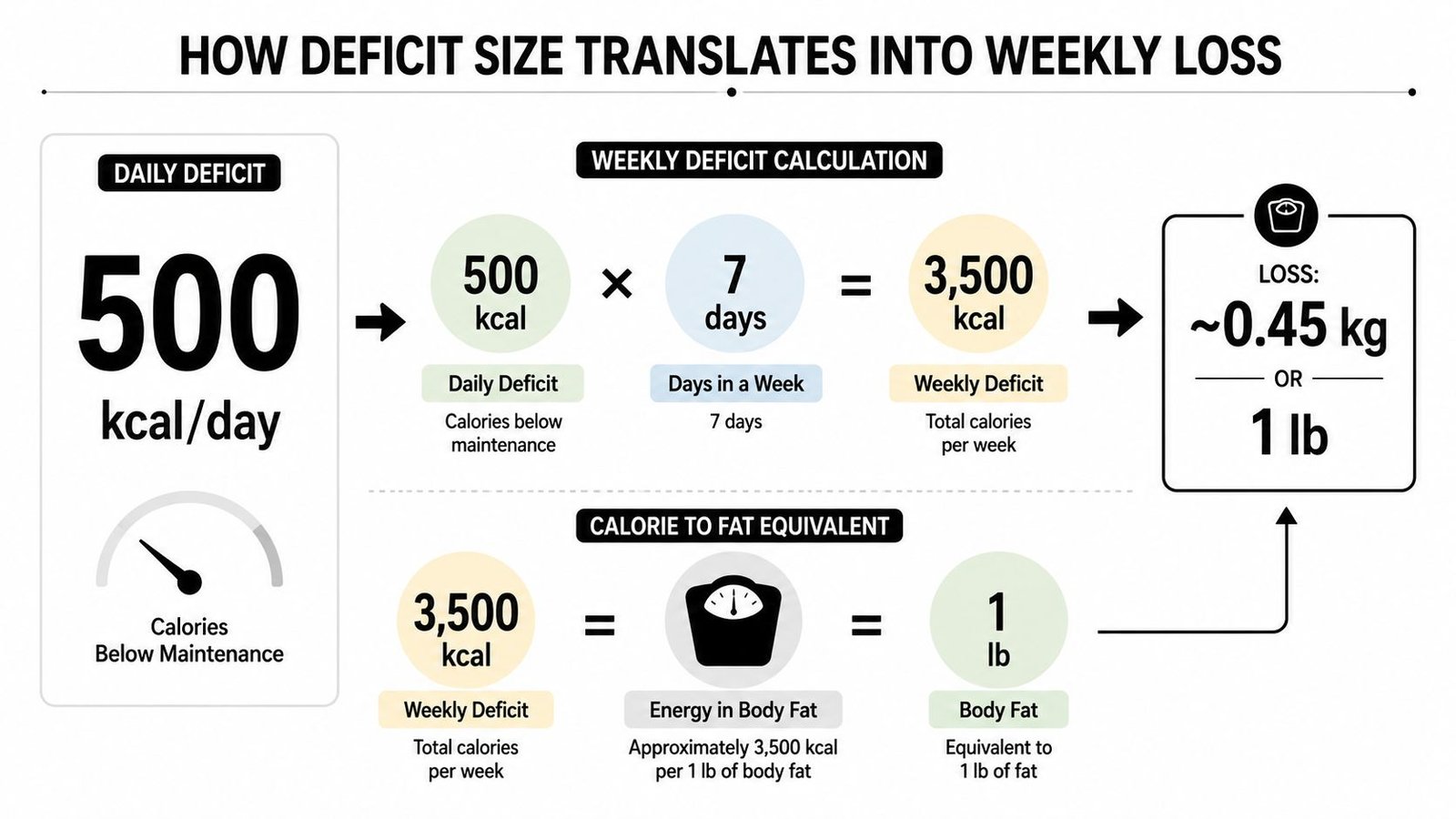 A diagram explaining how a daily calorie deficit of 500 kcal results in one pound of weekly weight loss.