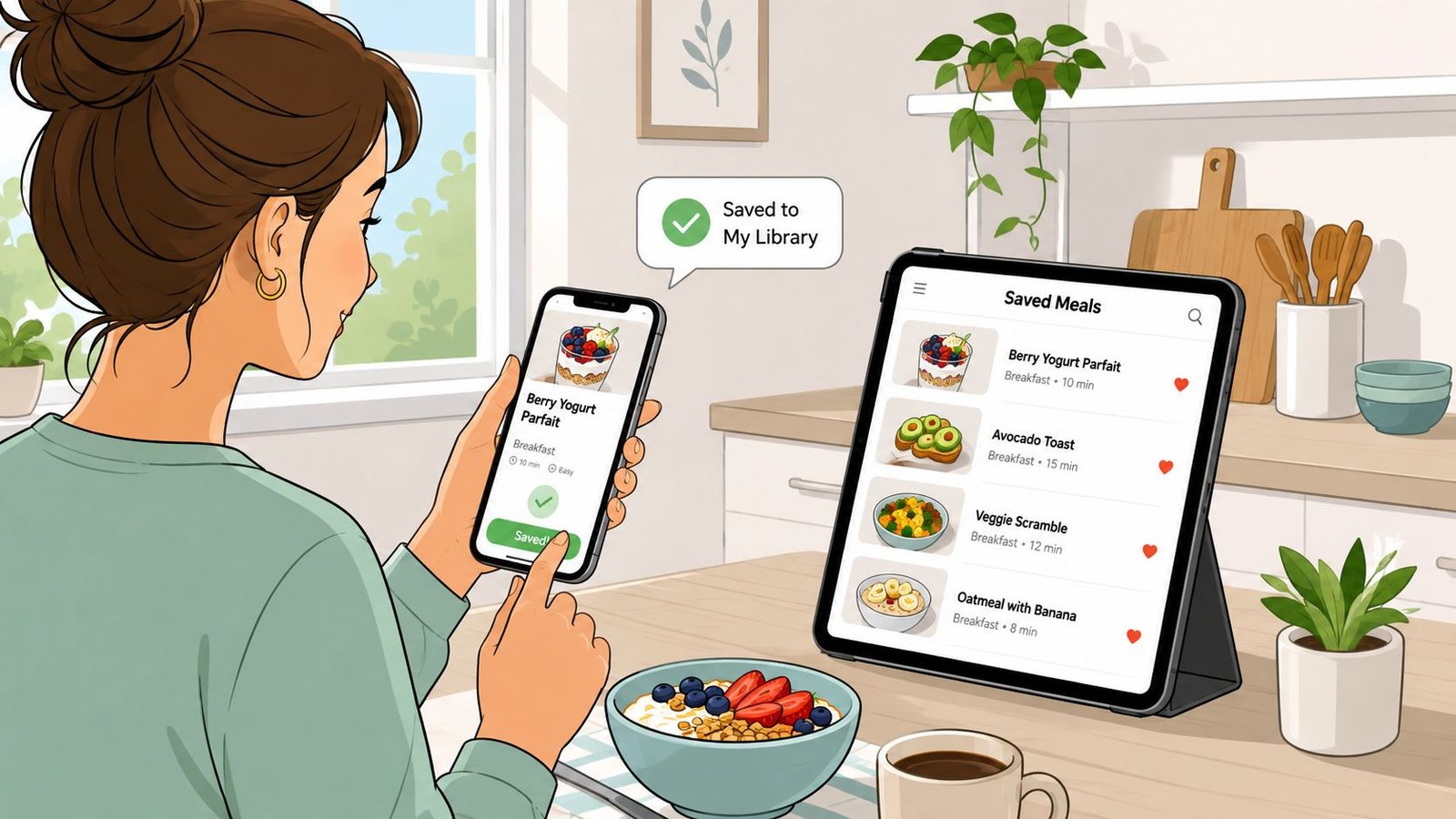 A woman using a smartphone and tablet to track healthy meal choices and recipes in her kitchen.