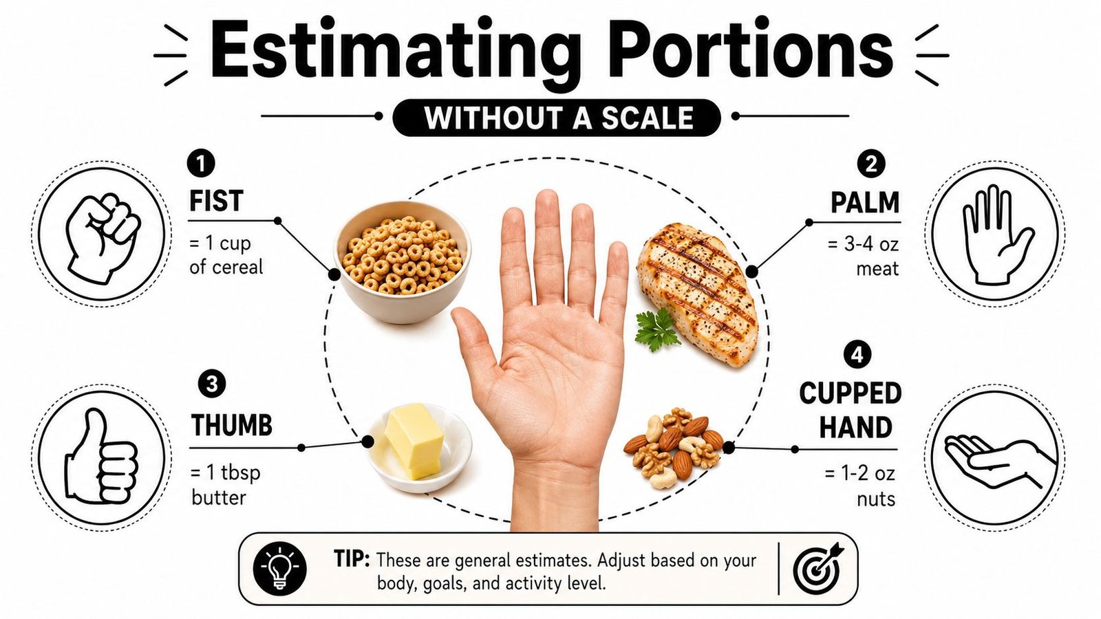 A visual guide showing how to estimate portion sizes for food using your hand as a measurement tool.