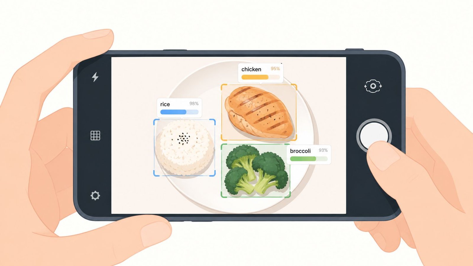 A smartphone camera app displaying real-time recognition of chicken, rice, and broccoli on a plate.