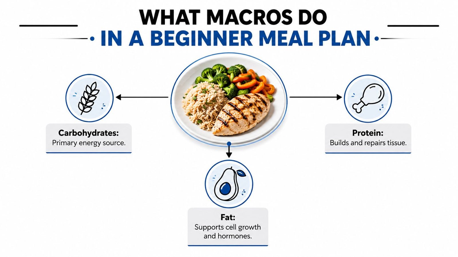 A nutritional infographic explaining the functions of carbohydrates, proteins, and fats in a beginner meal plan.