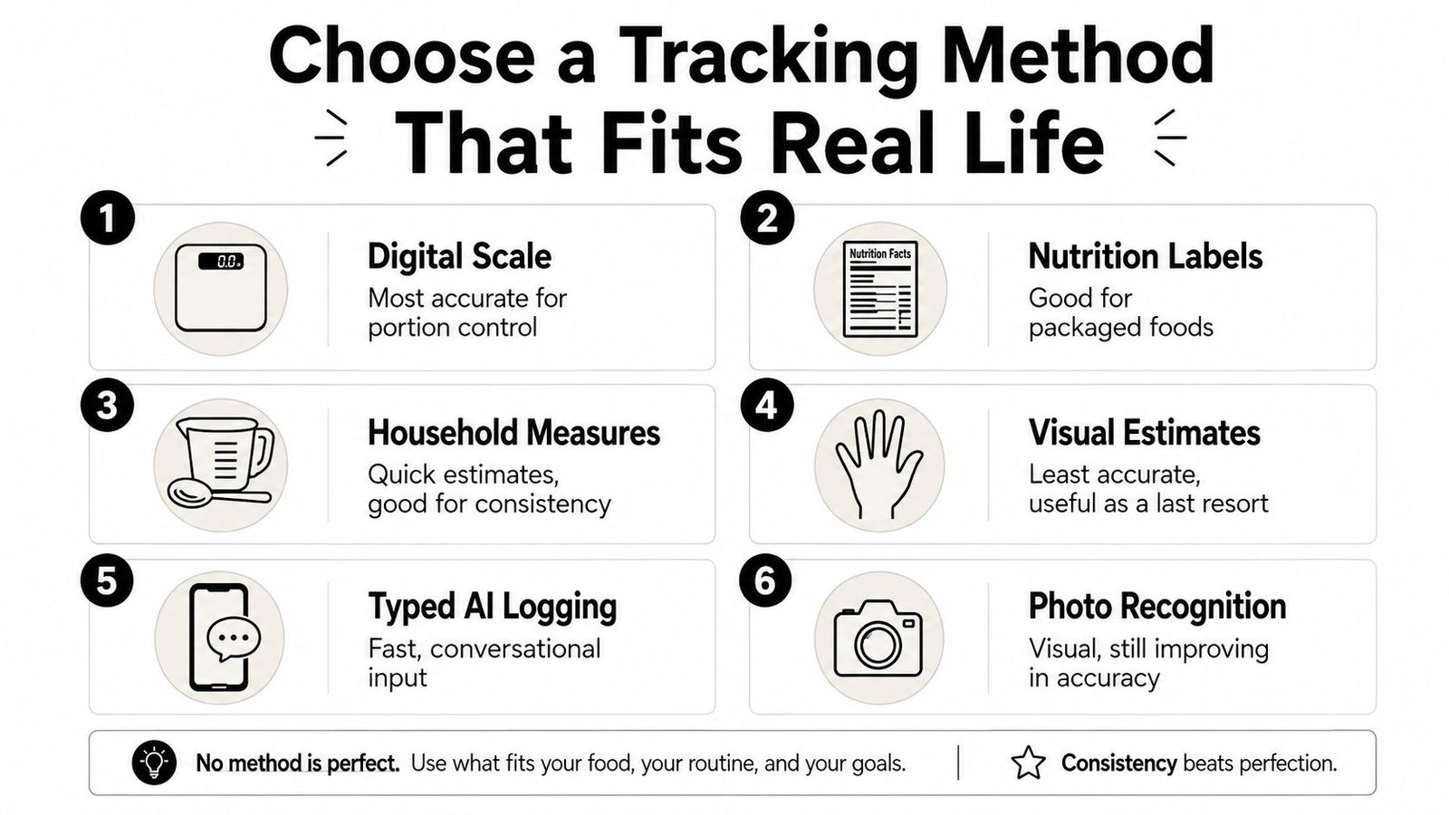 An infographic showing six different methods for tracking food intake, ranging from scales to mobile apps.