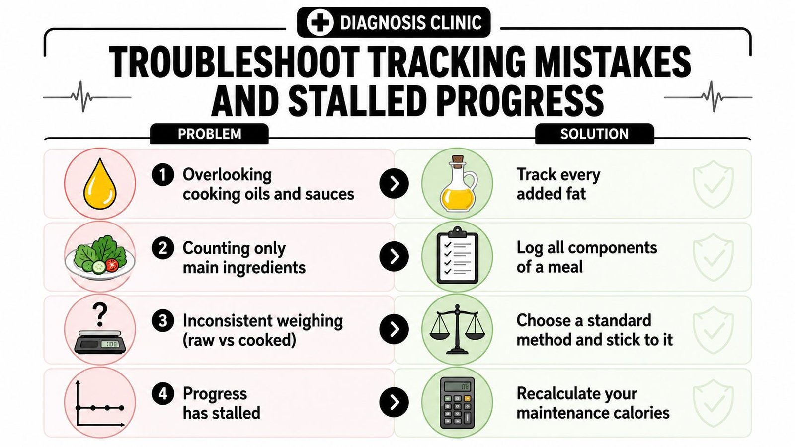 An infographic titled Troubleshoot Tracking Mistakes and Stalled Progress showing four common calorie tracking errors and solutions.