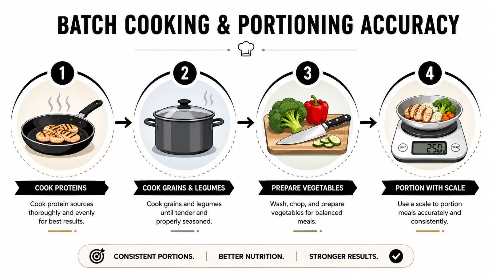 An infographic illustrating four steps of batch cooking and portioning for accurate and healthy meal preparation.