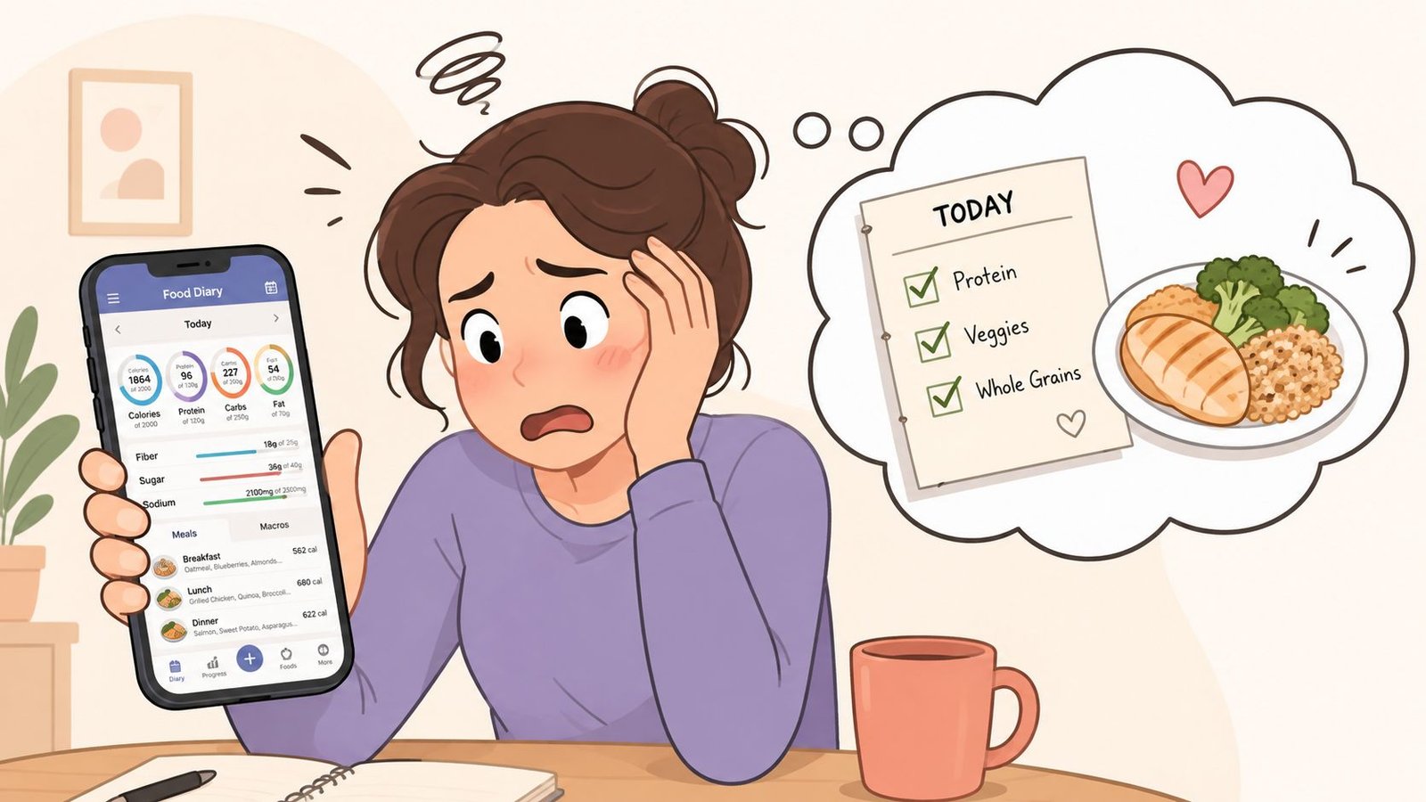 A confused woman looking at a food diary app while thinking about healthy meal options to eat.