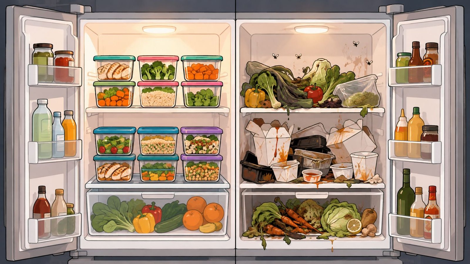 A side-by-side comparison of a clean, organized refrigerator versus a messy, cluttered one with rotting food.