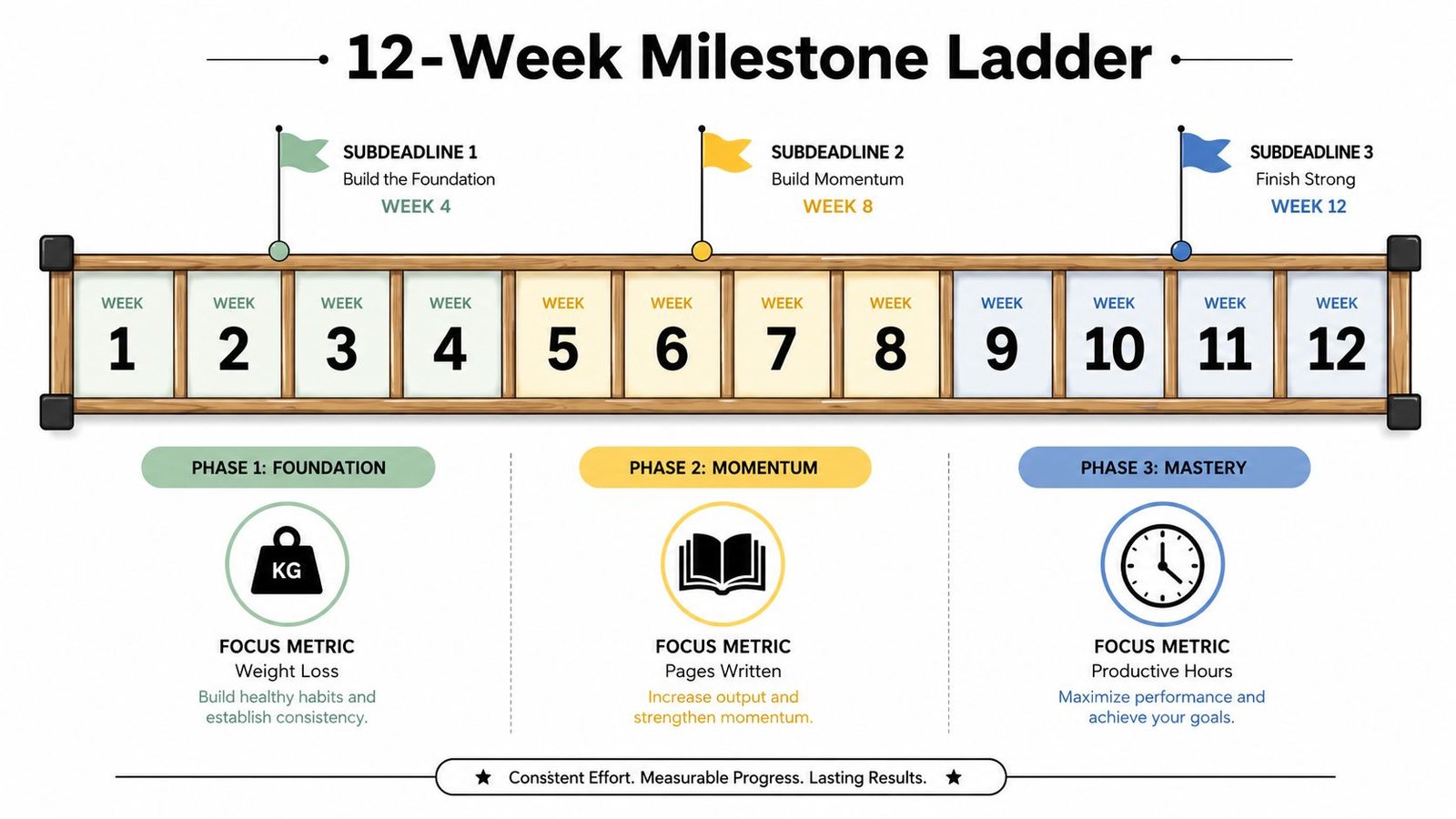 A 12-week milestone ladder infographic illustrating three phases of goal setting, productivity metrics, and consistent progress.