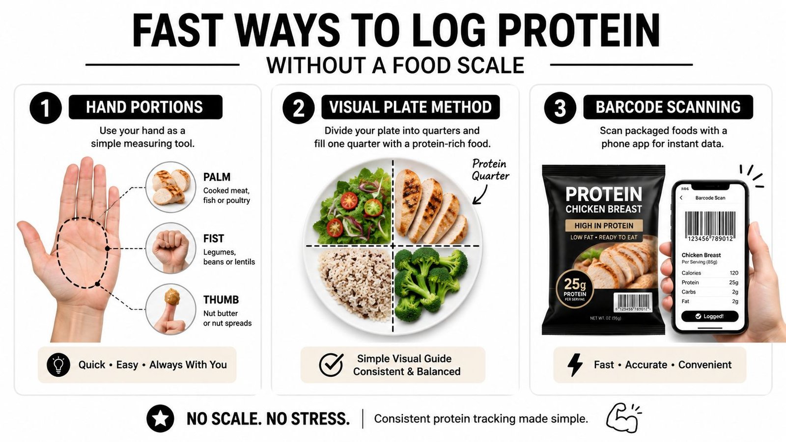 An infographic showing three easy methods for tracking protein intake without using a food scale.