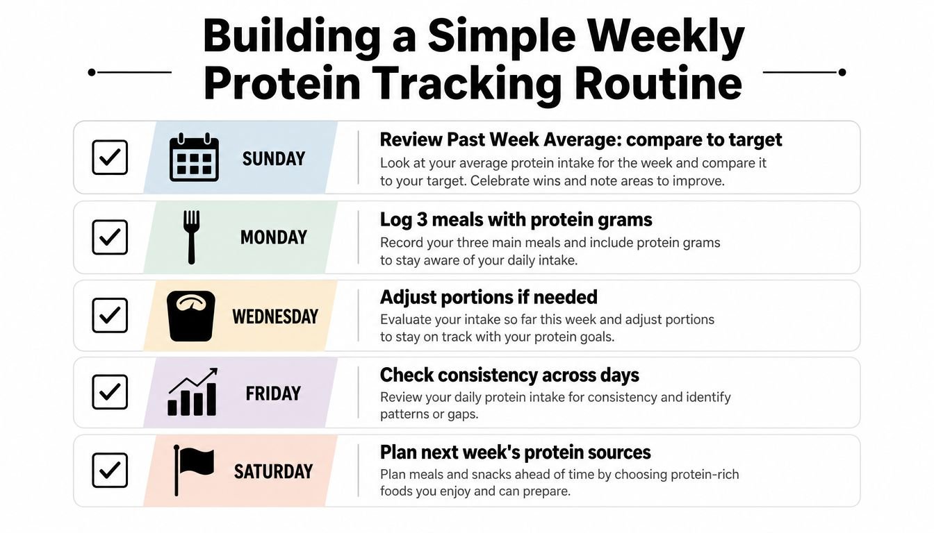 A weekly infographic guide showing daily habits to track and manage protein intake effectively for fitness goals.