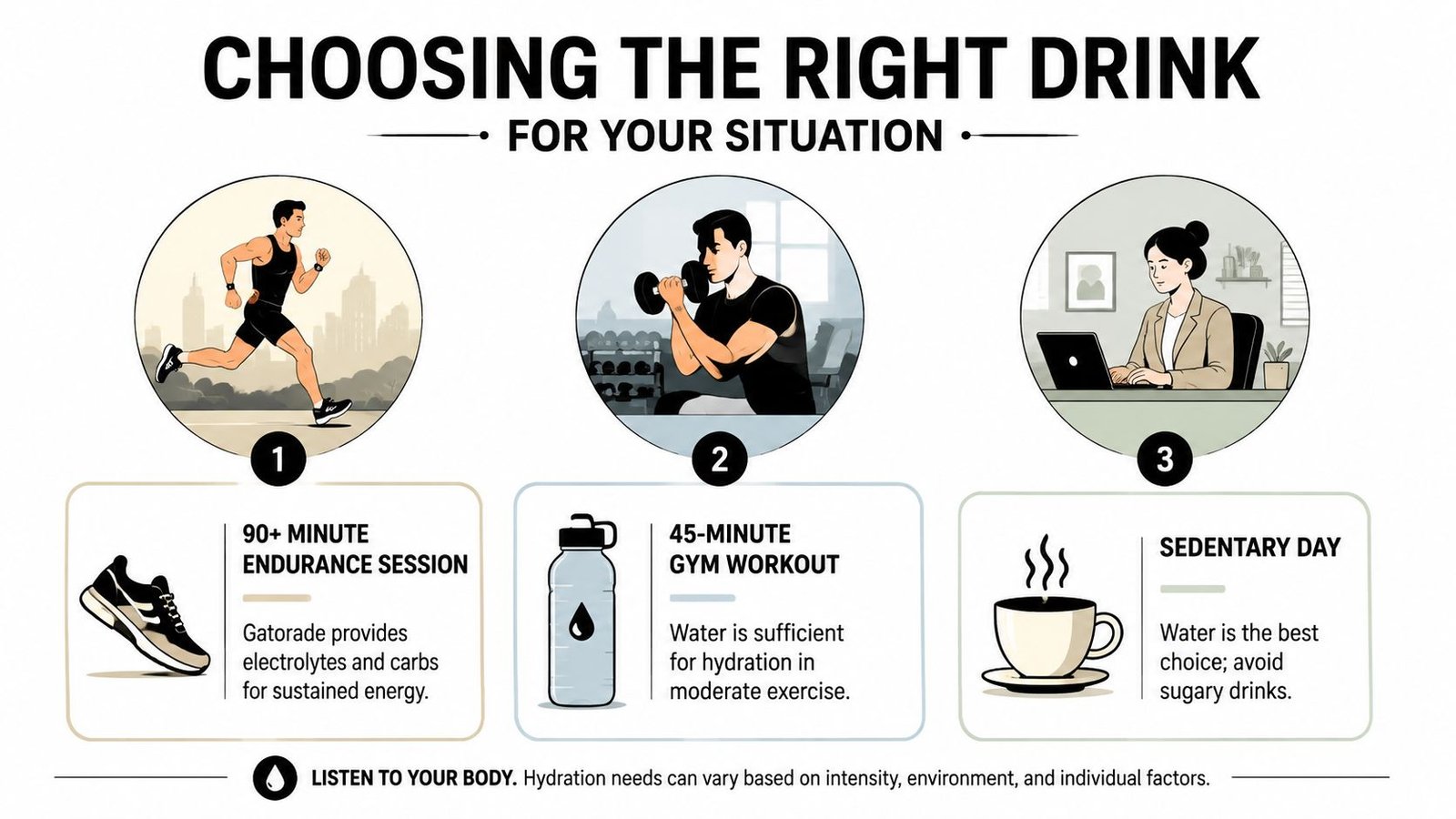 An infographic showing appropriate beverage choices based on activity levels including endurance sports, gym workouts, and sedentary days.