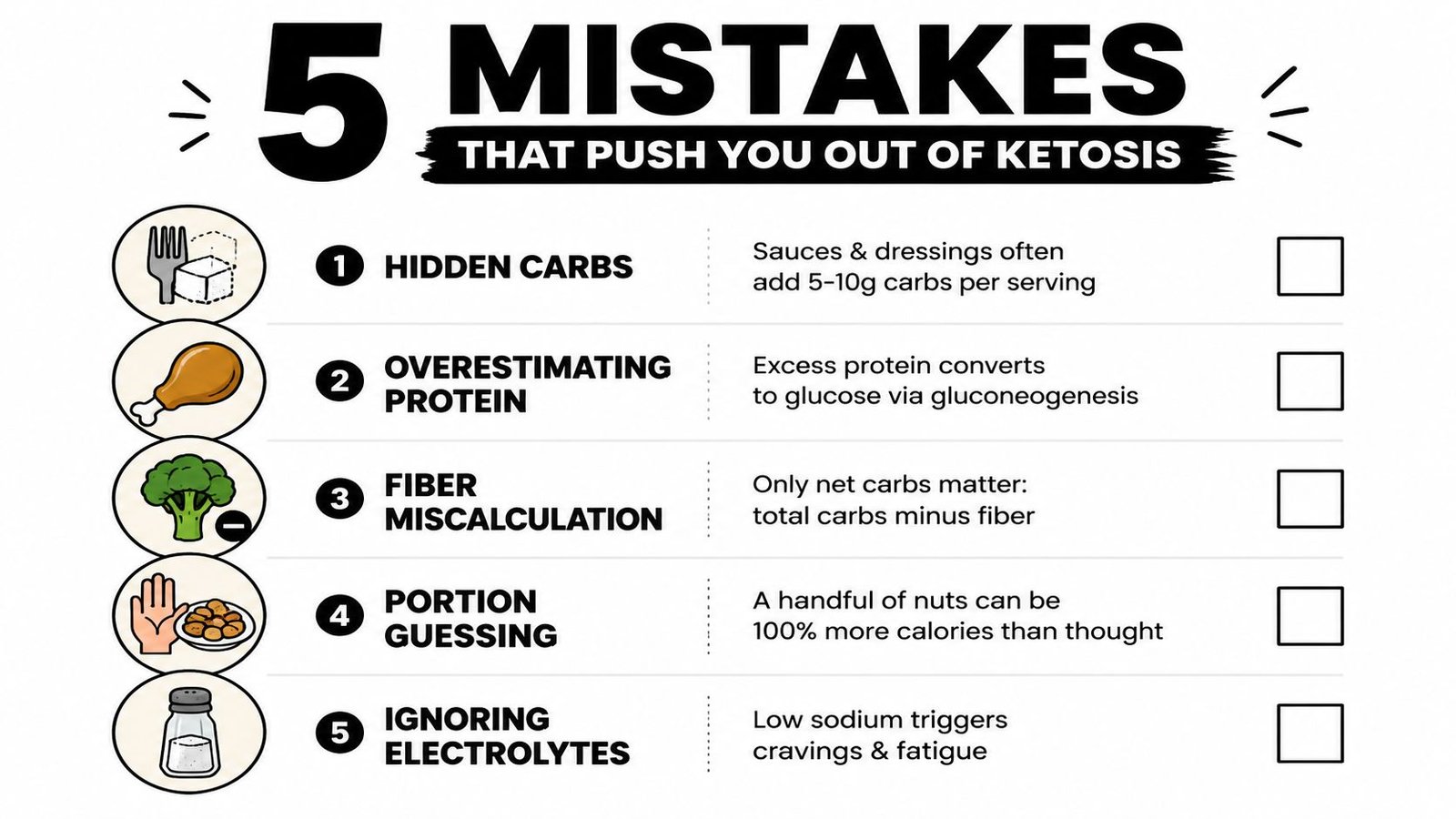 An infographic listing five common mistakes that can prevent someone from maintaining a state of ketosis.