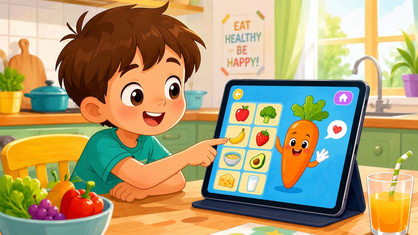A young boy smiling while pointing at a carrot icon on an educational kids nutrition app tablet.
