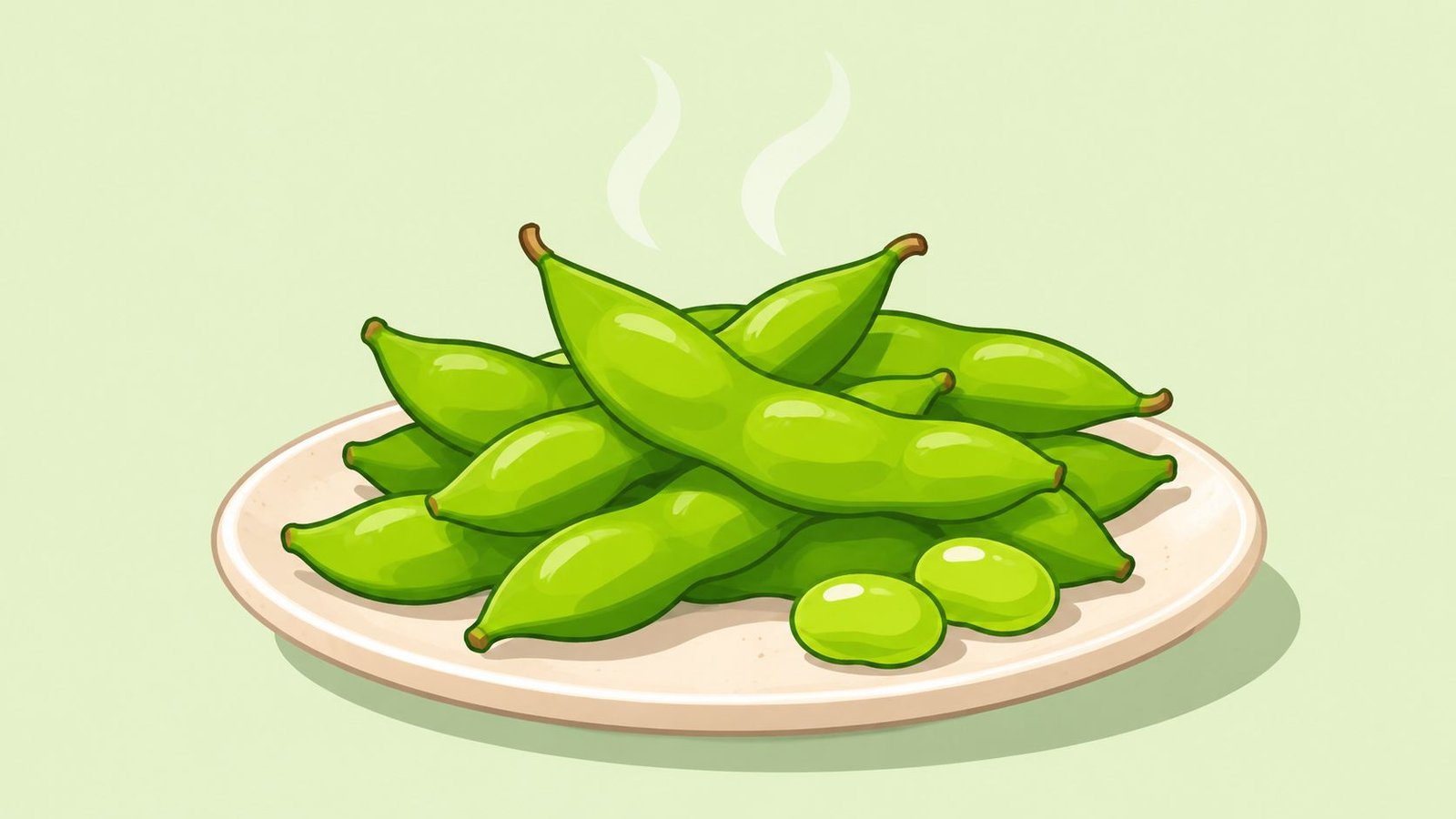 A steaming plate of fresh green edamame beans served on a simple off-white ceramic dish.