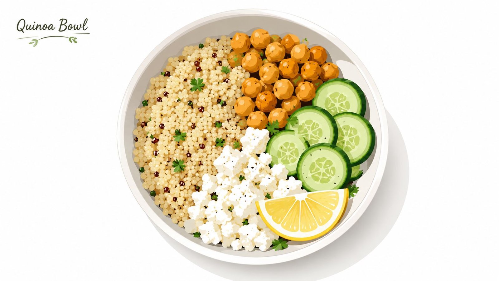 A colorful quinoa bowl with chickpeas, sliced cucumber, crumbled feta cheese, and a fresh lemon wedge.