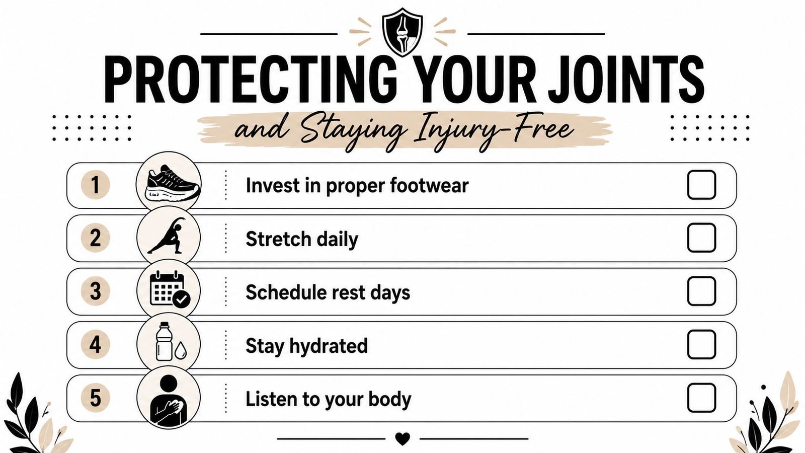 A checklist infographic titled Protecting Your Joints with five tips for staying injury-free and healthy.