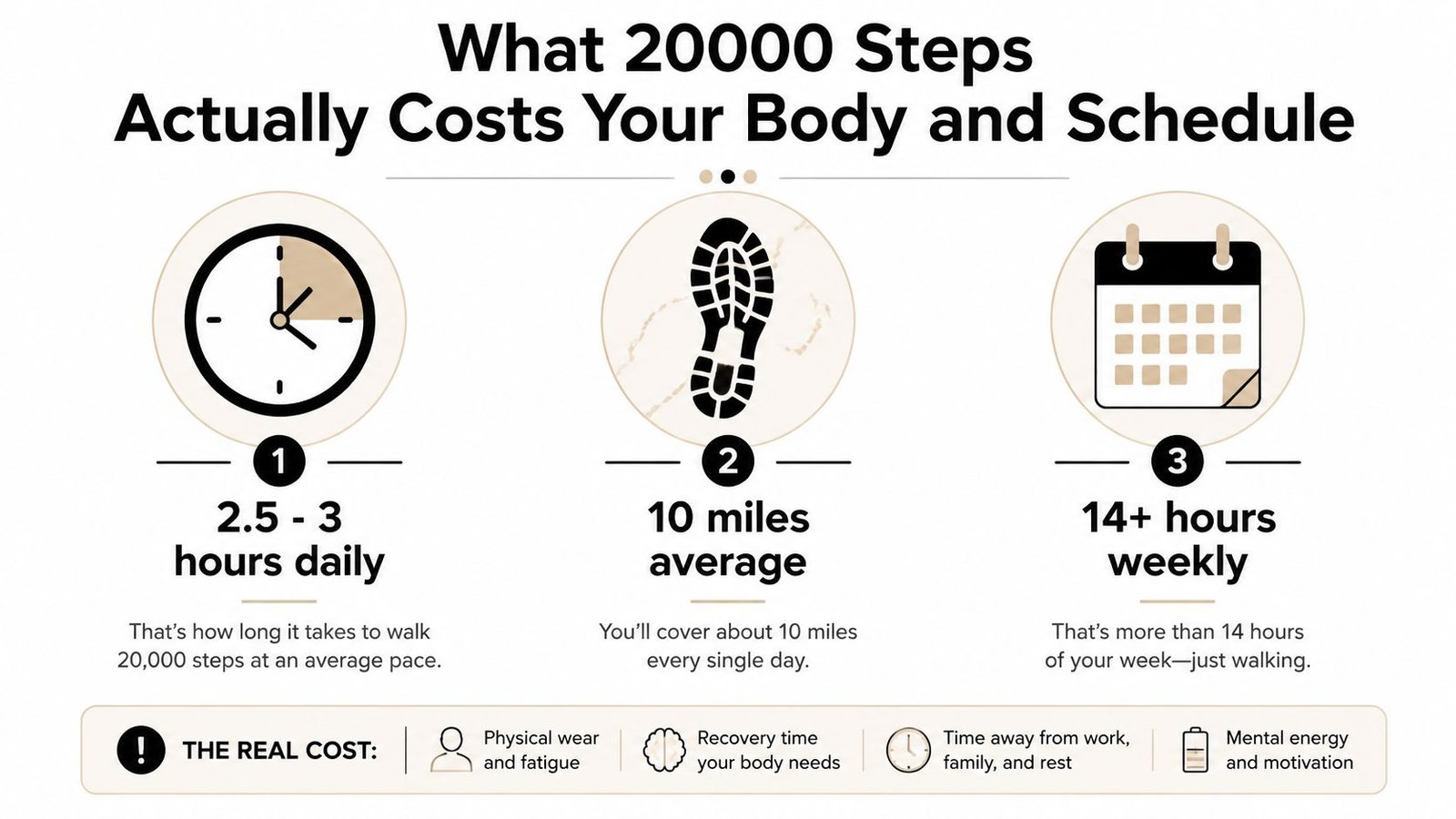 An infographic detailing the time, distance, and weekly commitment required to walk 20,000 steps every day.