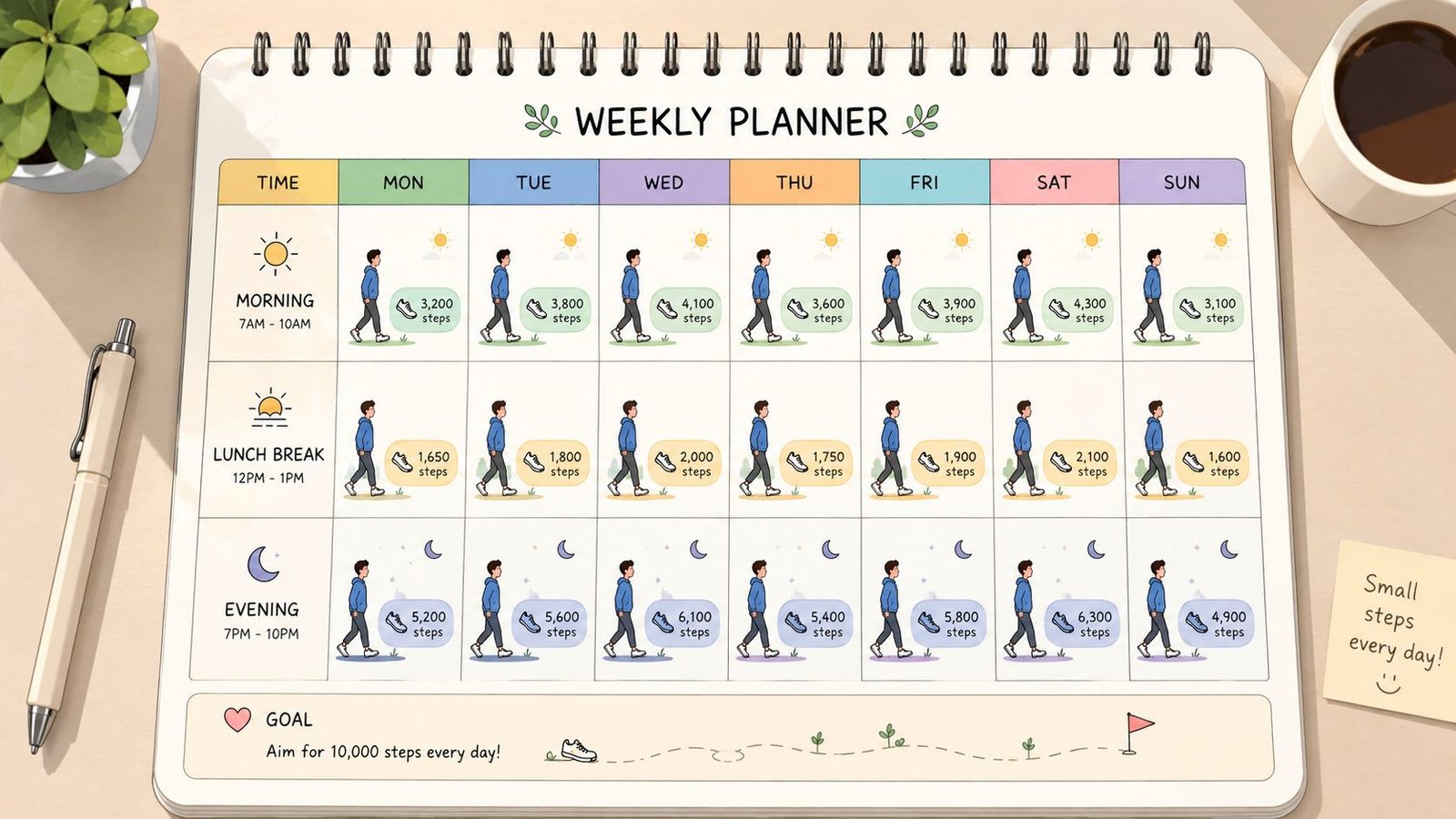 A weekly planner showing daily walking step counts for morning, lunch, and evening segments of the week.