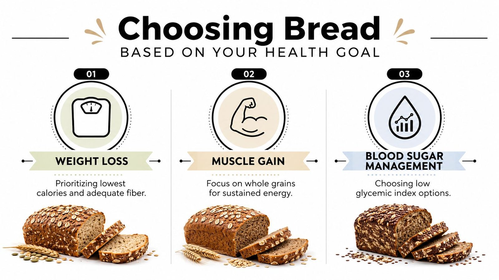 An infographic illustrating three types of healthy bread options categorized by specific fitness and health goals.