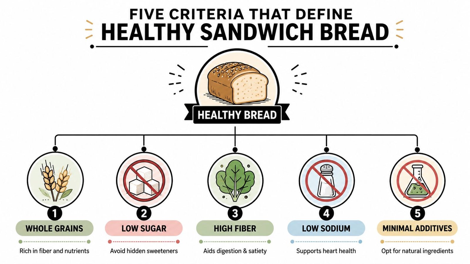 An infographic detailing five key criteria for choosing healthy sandwich bread, including whole grains and fiber.