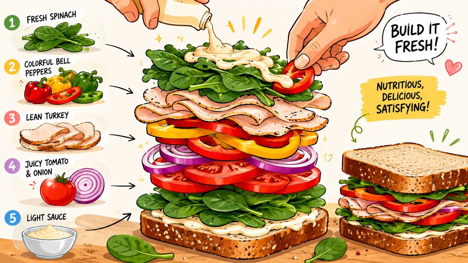 A colorful infographic showing the fresh ingredients used to build a healthy, stacked turkey sandwich with vegetables.