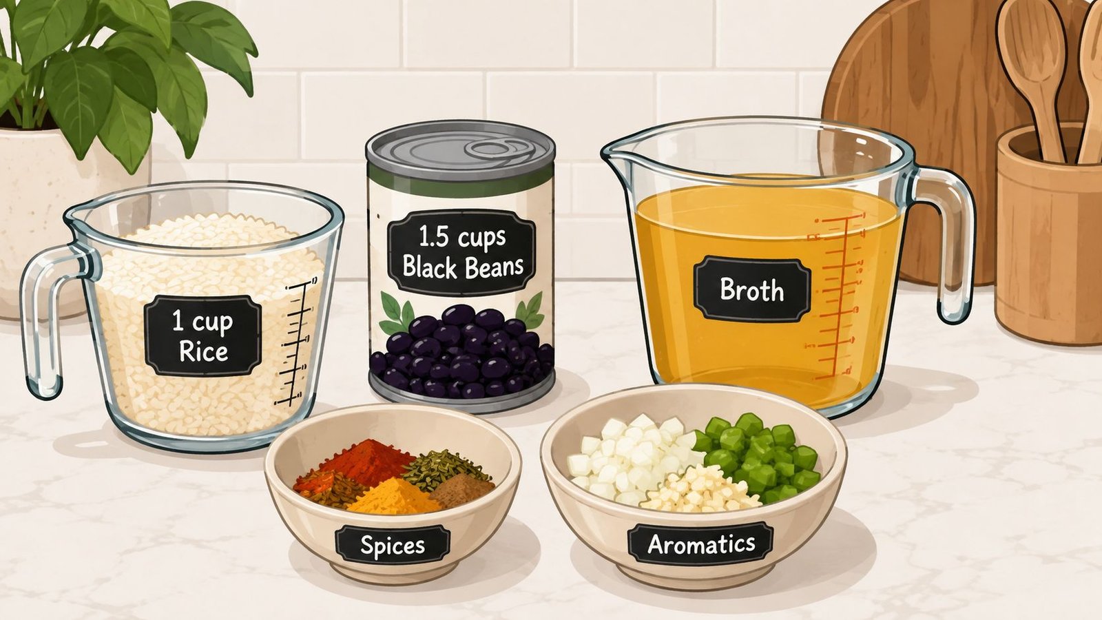 A kitchen counter displaying ingredients for yellow rice and black beans, including rice, beans, broth, spices, and aromatics.